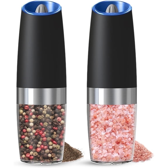 Dompilc Gravity Electric Salt and Pepper Grinder , Automatic Salt and Pepper Grinder Set, Adjustable Roughness, Battery Powered, LED Light, 2PC