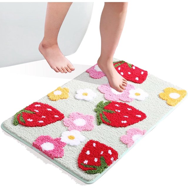 (Verde, 50X80CM) Alfombra de baño antideslizante, felpudo lavable absorbente, alfombrilla de ducha flocada de fresa para dormitorio, baño, decoración del hogar