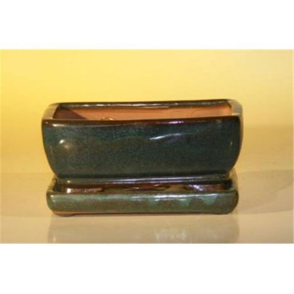 Bonsai Boy 6.37 x 4.75 x 2.625 in. Rectangle Ceramic Bonsai Pot with Attached Humidity & Drip Tray - Professional Series, Green