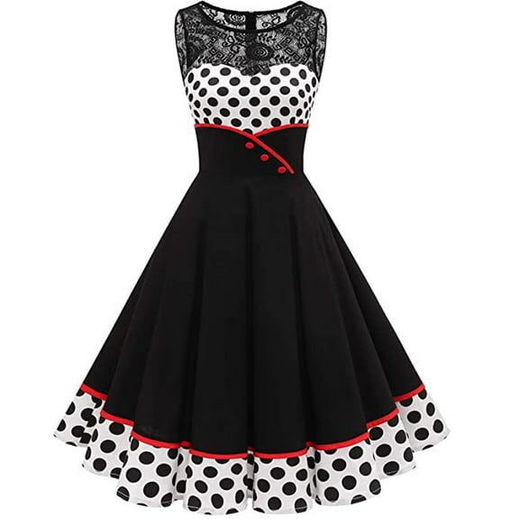 DeHolifer 1950s Vintage Womens Dress Lace Dot Print Patchwork Hepburn Style Dresses Sleeveless Round Neck Rockabilly Cocktail Tea Party Dress Black 2XL