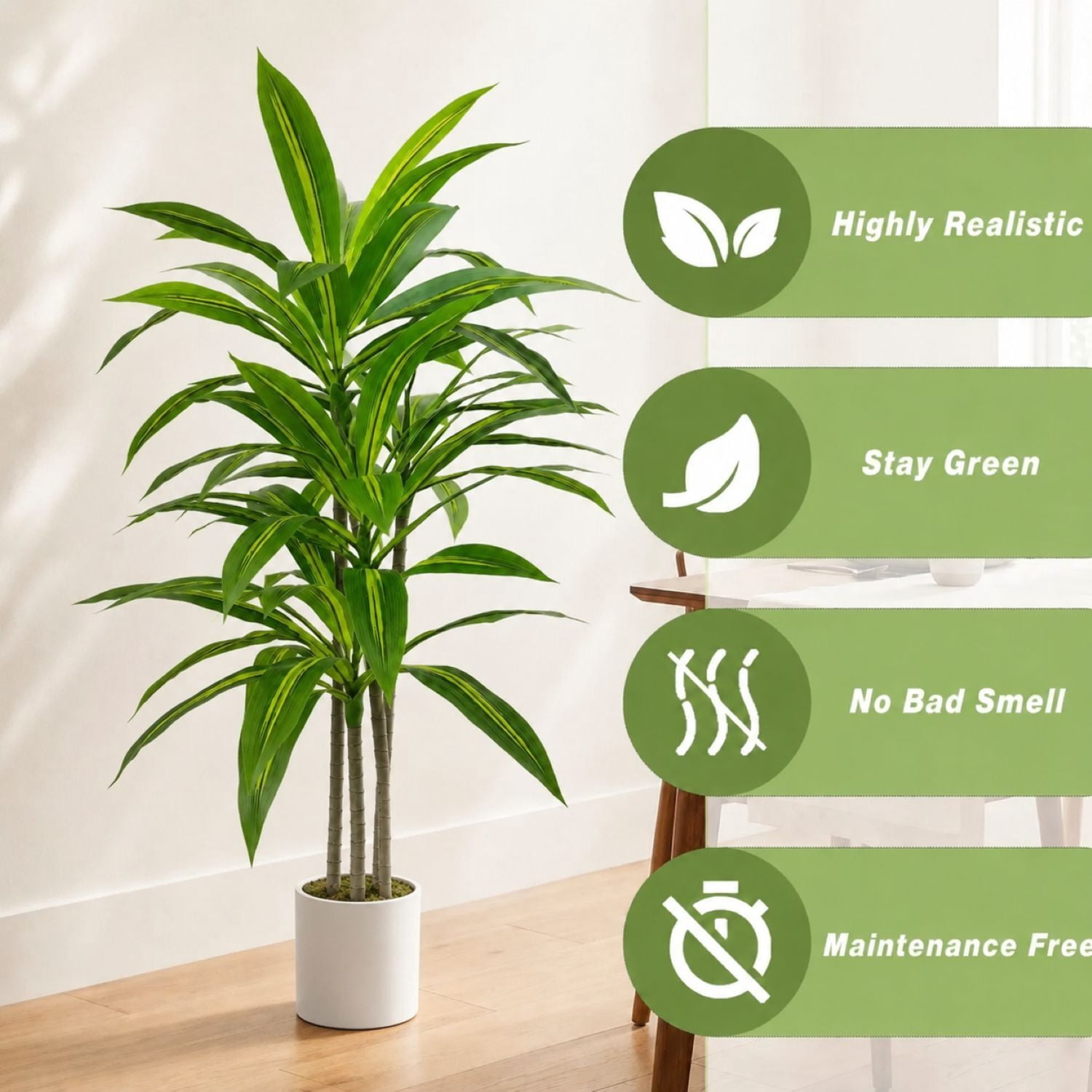 Easy4Home 4FT Artificial Plant Fake Dracaena Tree Potted Indoor Faux Floor Plant for Home Office Decor, White Pot