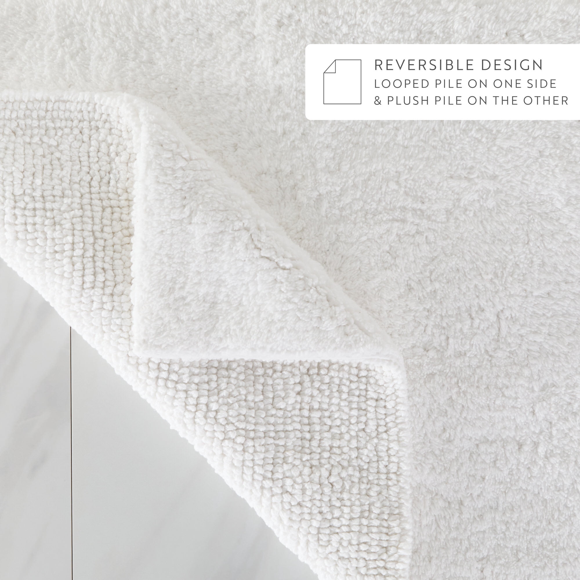 Noble Linens Reversible Dual-Texture Cotton Bath Mat, 24 in x 17 in, White