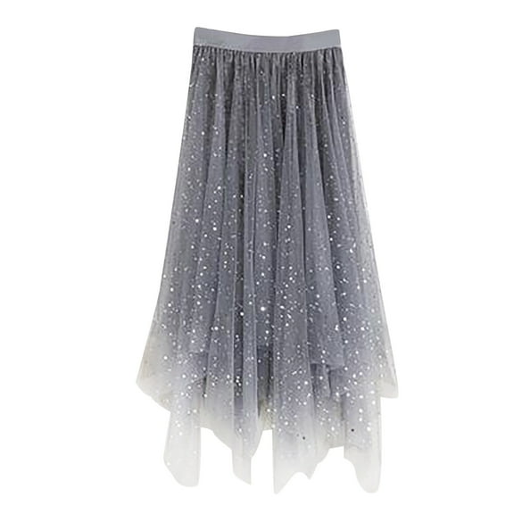 XIAONU Women's Sequin Tulle Midi Skirt Elastic Waist Asymmetrical Flowy Skirt Formal Party Evening Dancewear