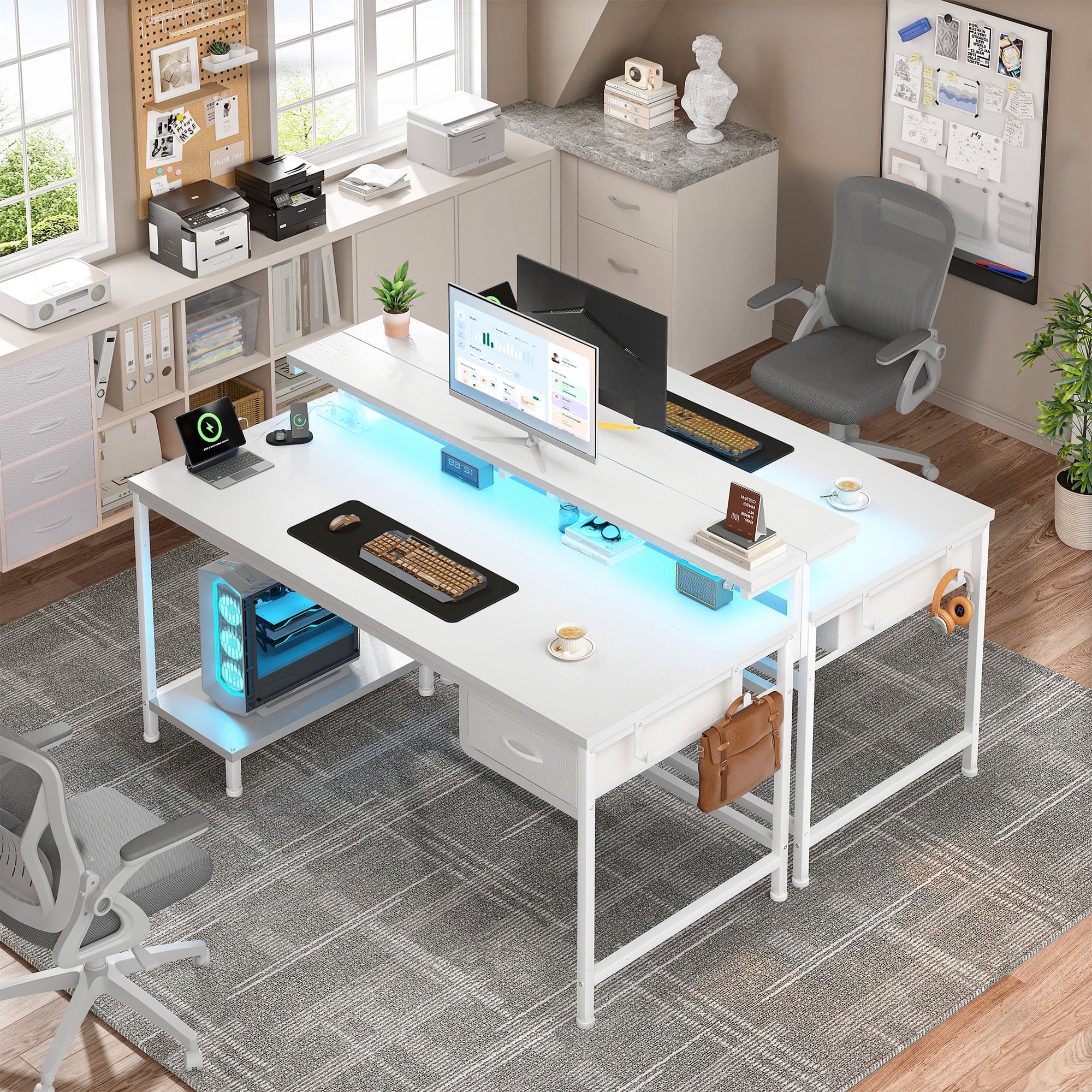 Romorgniz White Computer Desk with Power Outlet & Fabric Drawer, Home Office Desk with LED Lights, Adjustable Monitor Stand & CPU Holder for Small Spaces