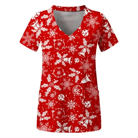

TAIAOJING Women Scrubs Top Workwear Plus Size Top V Neck Short Sleeved Pockets Printed T Shirt Casual Blouses T Shirts