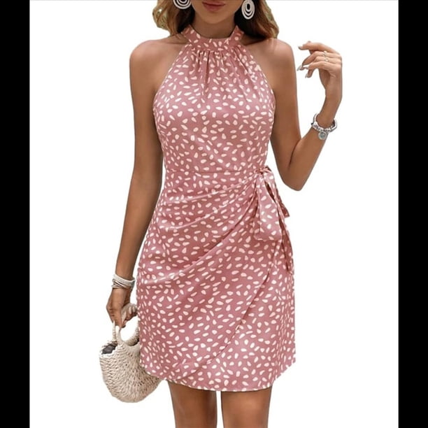 Vestido de Verano para Mujer, Estampado de Lunares, Cuello Halter, Cintura Anudada, Informal, con Cremallera en la Espalda, para Vacaciones y Playa. Melocotón M