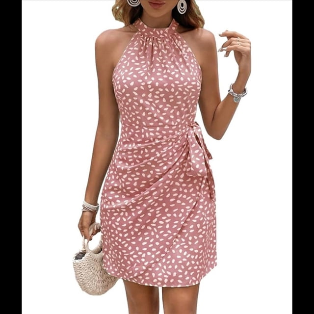 Vestido de Verano para Mujer, Estampado de Lunares, Cuello Halter, Cintura Anudada, Informal, con Cremallera en la Espalda, para Vacaciones y Playa. Melocotón M
