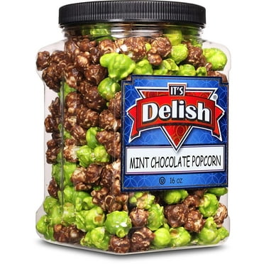 Mint Chocolate Flavored Popcorn by Its Delish, 16 Oz Jumbo Reusable Container, Festive Chocolate Air Popped Sweet Crunchy Popcorn with Mint Corn Snack, Parties  Gluten Free, Vegan, Kosher