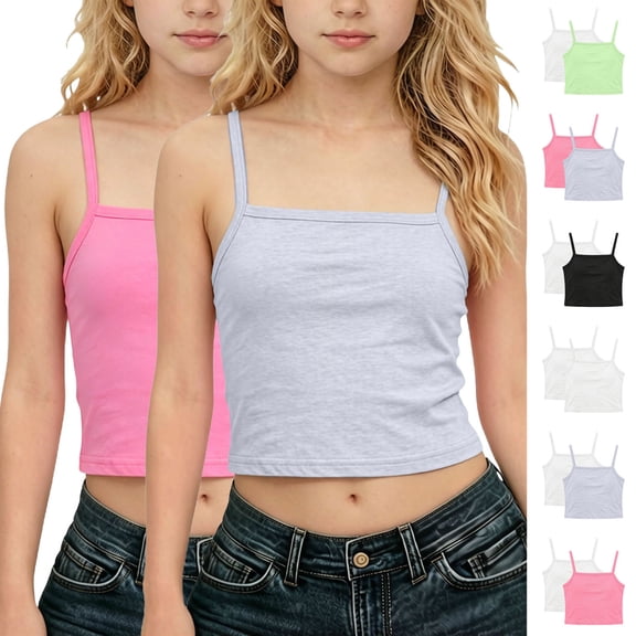 akafmk 2-Pack Girls Camisole Dance Tank Tops Solid Color Crew Neck Sleeveless Base Layer Inner Wear Slim Undershirts 3-14 Years
