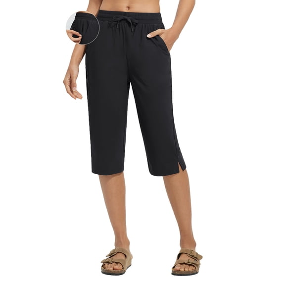 BALEAF Women's Long Shorts Below The Knee Capri Quick Dry 15" UPF50 Swim Pants with Liner and Pockets Black L