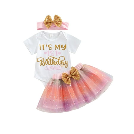 

jaweiw Baby Girl s Summer Romper Outfits Set Short Sleeve Letter Printed Romper + Sequins Embellished Mesh Tulle Gradient Skirt + Headband for First Birthday Gift