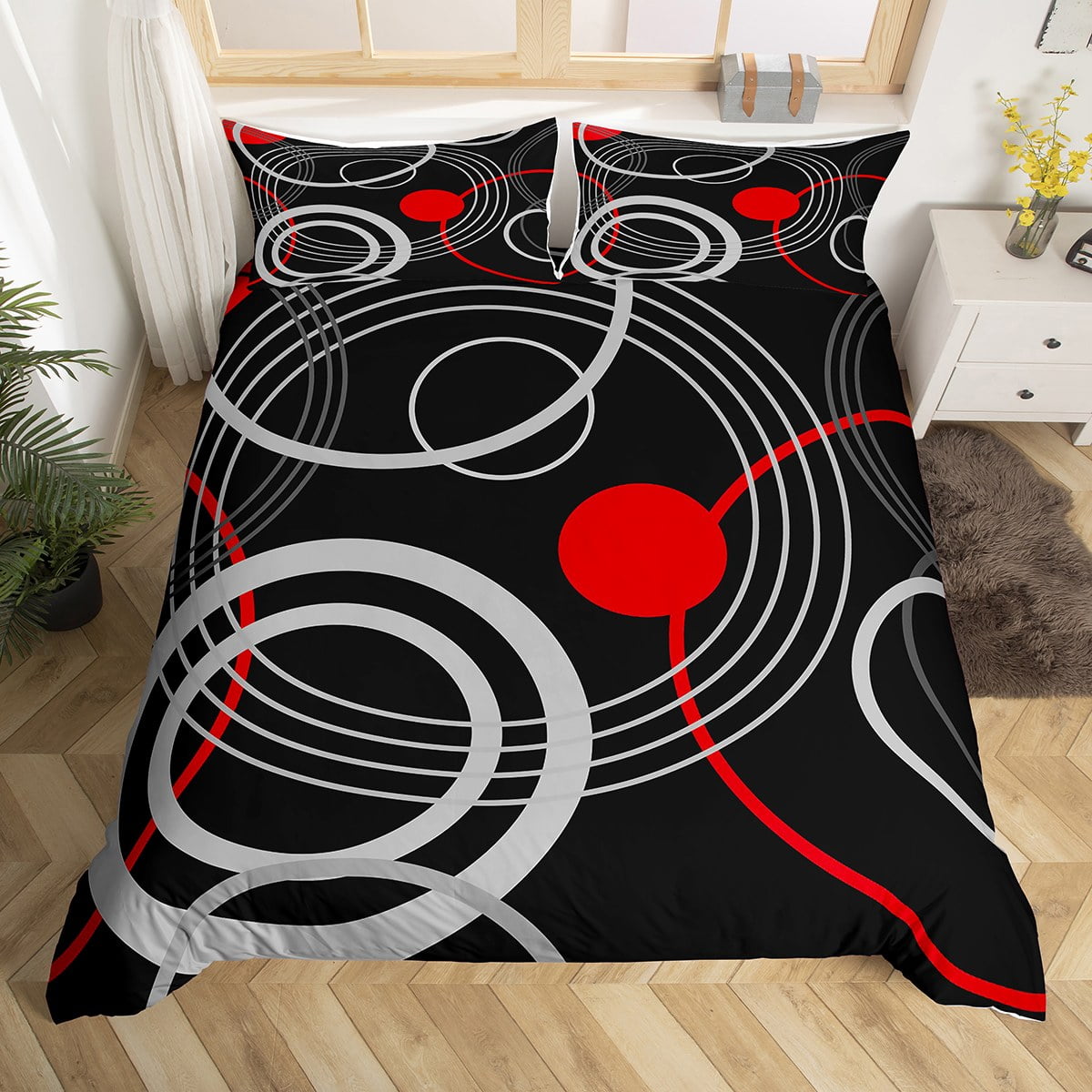 Red Black Grey Comforter Cover Queen Geometric Circle Pattern Bedding