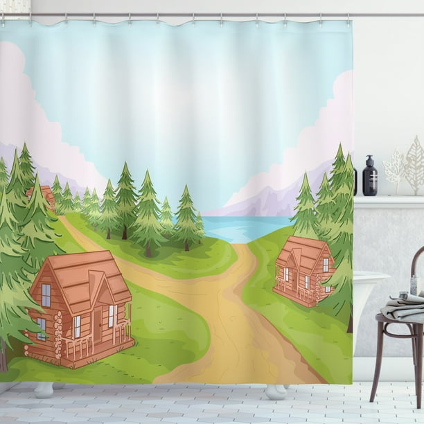 Log Cabin Shower Curtain Countryside Theme Sketch Of A Small Village With Wooden Lodges Fabric Bathroom Set Hooks 69w X 84l Inches Extra Long Baby Blue And Multicolor By Ambesonne Log Cabin Shower Curtain Countryside, Log Cabin Shower Curtain Hooks