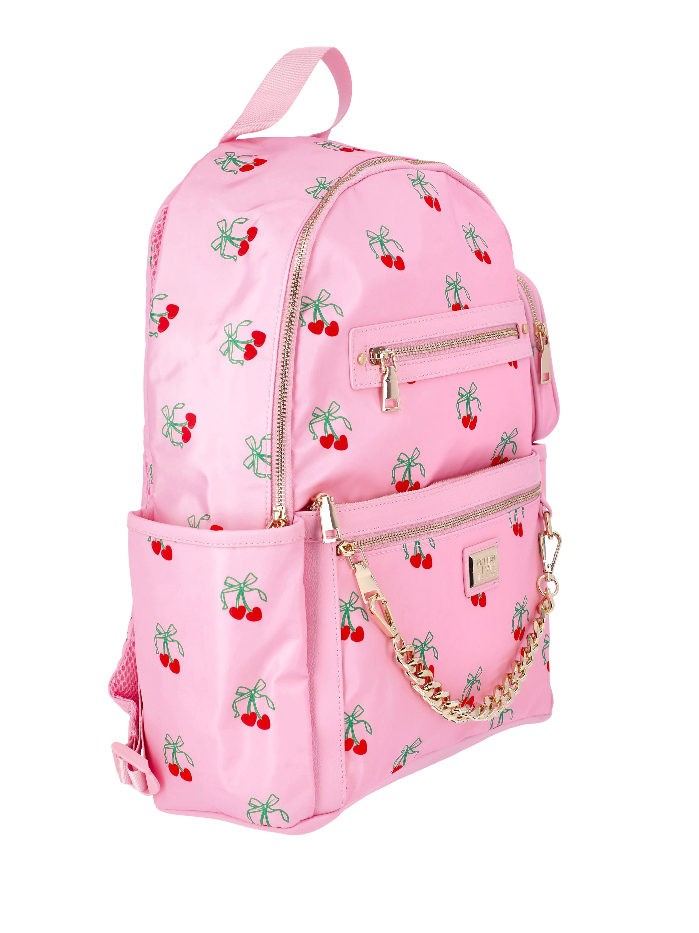 Madden NYC Women's Chain Pocket 17" Dome Backpack, Pink Cherry