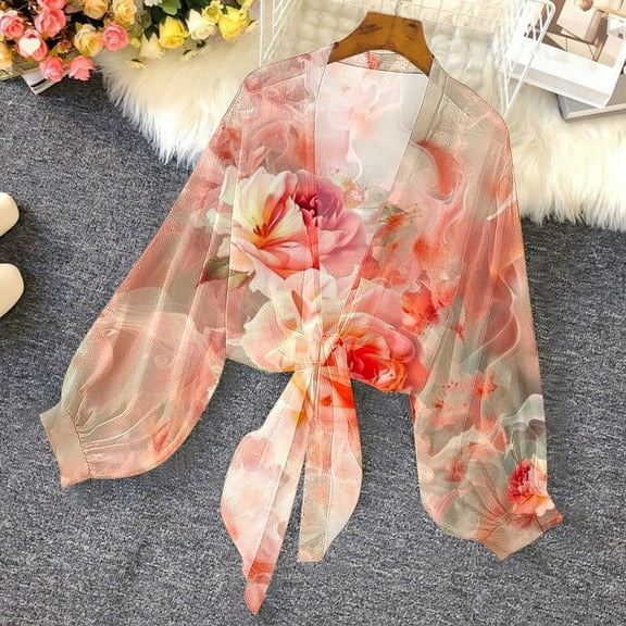 Fznquz Shrugs Cardigan for Women Chiffon Cover Up Cardigan Bolero Graphic Tie Front Womens Fashion