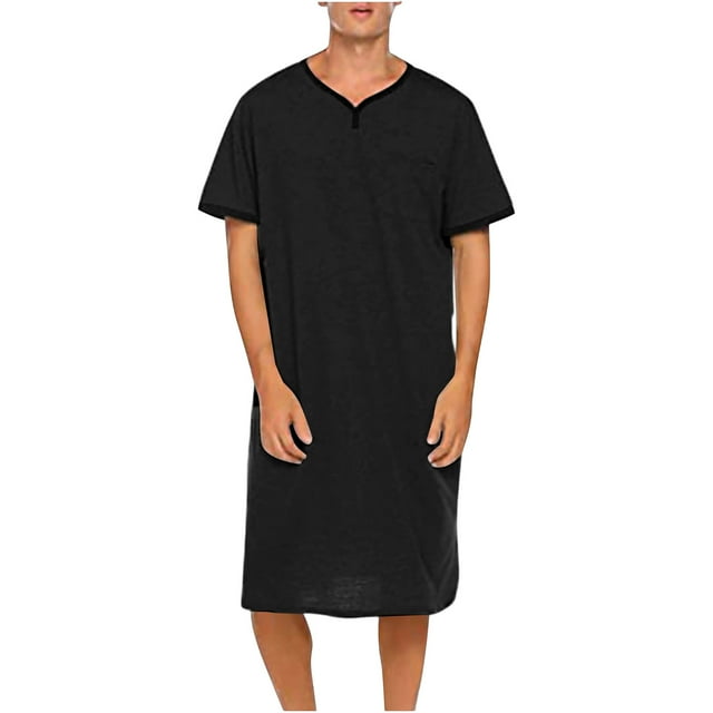 Chemise de Nuit Texturée en Coton pour Hommes, Robe de Nuit à Manches Courtes, Longue Robe, Blouse à Col en V, Haut de Pyjama, Coupe Ample et Décontractée, Confort, Chemise de Nuit Décontractée avec Poches