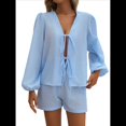 thumbnail image 3 of Conjunto de 2 Piezas para Mujer, Camiseta de Larga con Lazo Delantero, Pantalón Corto y Pijama Deportivo Informal. Azul L, 3 of 10