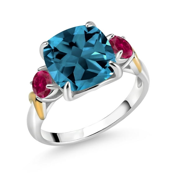 Gem Stone King 925 Silver and 10K Yellow Gold London Blue Topaz and Red Created Ruby 3 Stone Ring for Women (5.70 Cttw, Gemstone November Birthstone, Cushion 10MM, Round 4MM, Size 6)