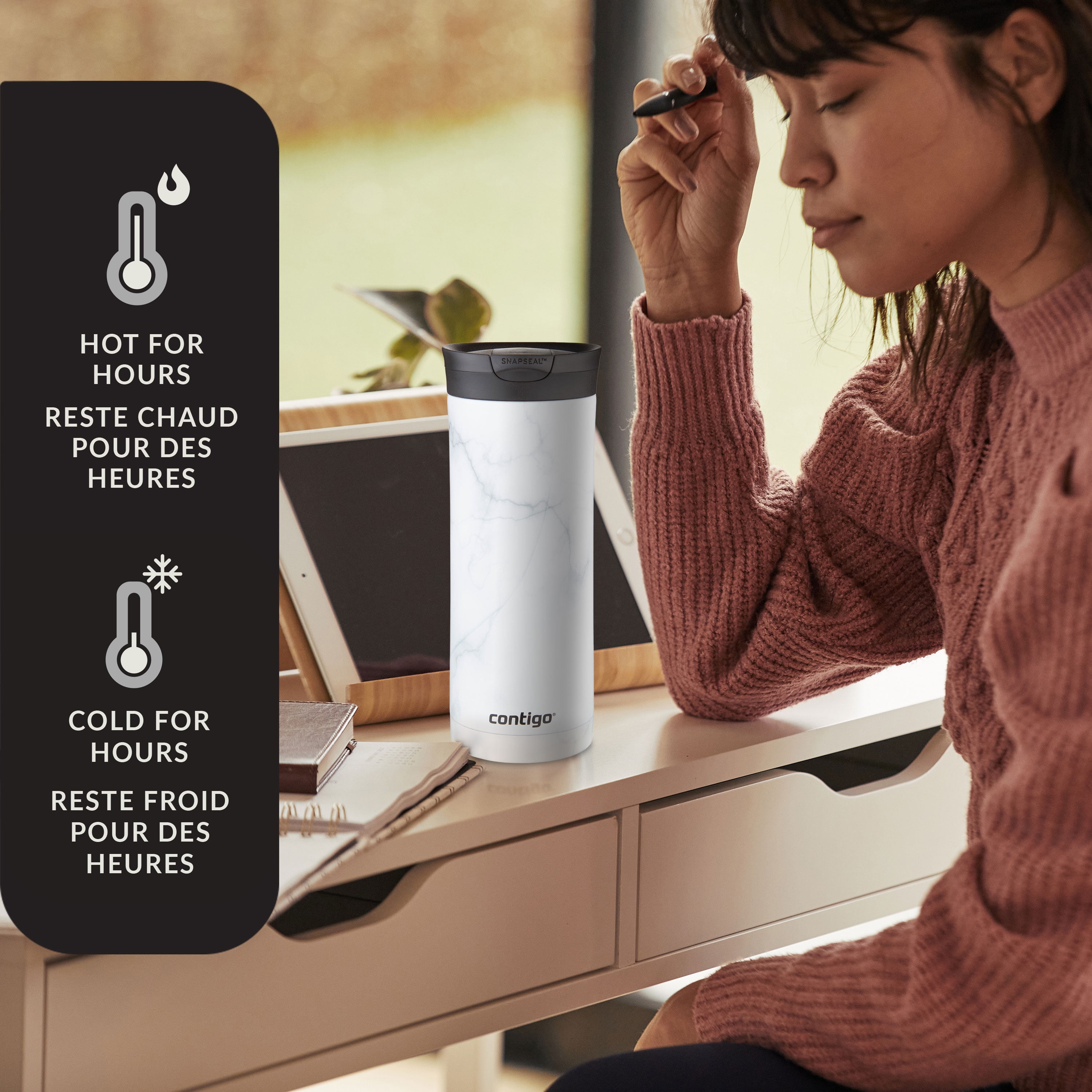 Contigo Huron 2.0 Couture SnapSeal Insulated Travel Tumbler, 20 oz (591 mL), White Marble