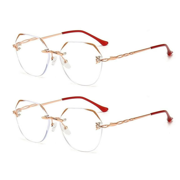 2 Pairs of Gold Rimless Blue Light Blocking Reading Glasses for Women Metal Glitter Lens Polygon Fashion Readers  3.50