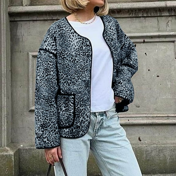 Leopard Lightweight Quilted Jackets For Women Open Front Long Sleeve Crewneck Cropped Jacket Outwear Long Dress Jacket Womens Wool Duster Coat 3xl Womens Tops plus Size plus Size Coats for Women plus