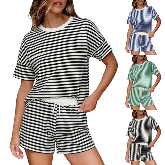 Striped Set for Women Summer 2 Piece Lounge Sets Casual Pajamas Matching Set Short Sleeve T-Shirt and Shorts Outfits Black XL(XL)