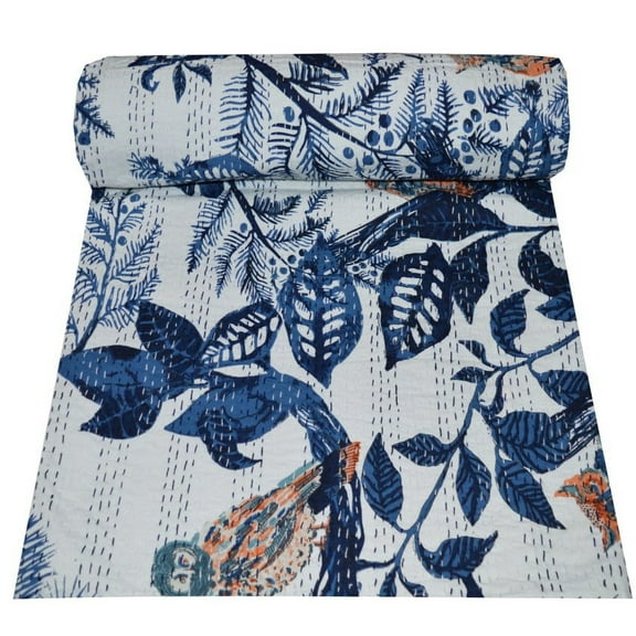 Kantha Quilt Indian Block Print Quilt Cotton Kantha Throw Kantha Blanket Handmade Quilt King Size Kantha Bedspread Double Owl Print