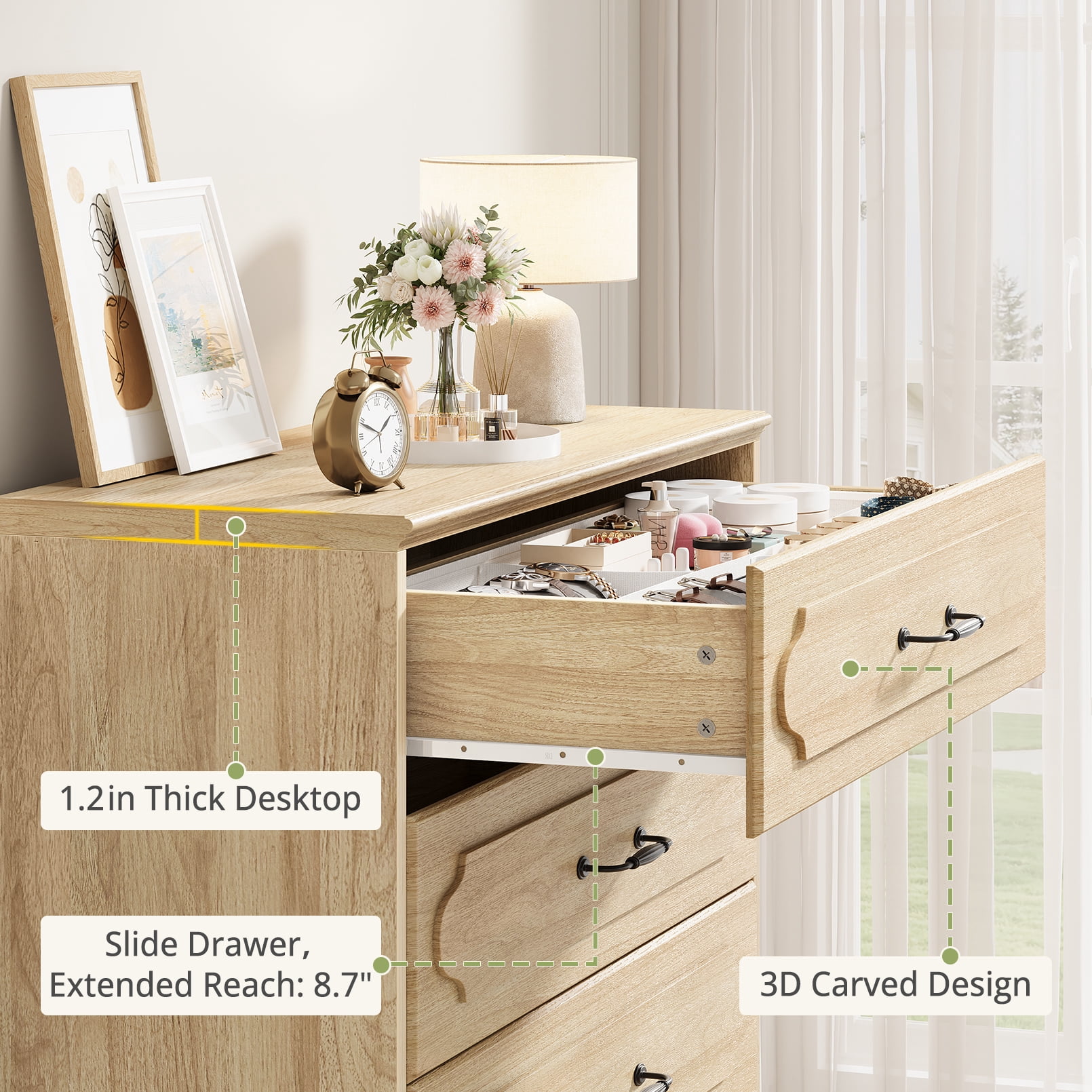 5-Drawer Dresser, OAK Tall Dresser for Bedroom, Narrow Chest of Drawers, Modern Vertical Storage Cabinet for Closet, Entryway or Living Room