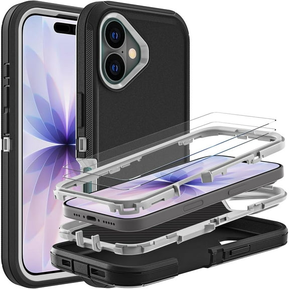 XZQFDC  for iPhone 17 Case, Military Grade 3 in 1 Heavy Duty Shockproof/Drop Proof/Dust Proof Case with 2Pcs Tempered Glass Screen Protector (Black/Grey)