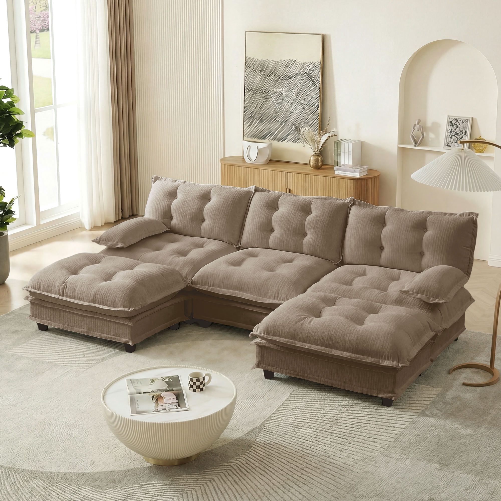 MAYEERTY 107 Inch U-Shaped Sectional Sofa with 2 Ottomans, Chenille 3-Seater Modular Couch, Solid Wood & Metal Frame for Living Room Bedroom Apartment