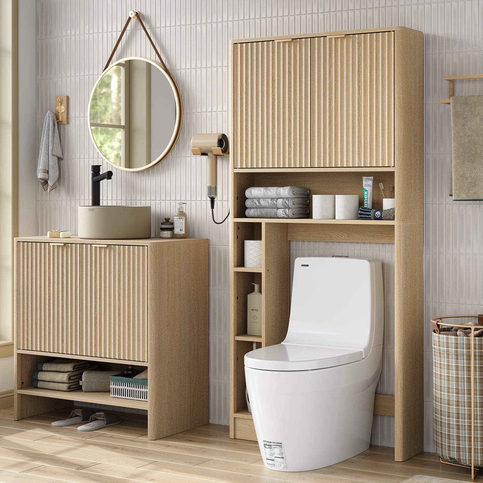 Funihold Over The Toilet Storage Cabinet, 31''W Modern Fluted Toilet Storage Cabinet with Toilet Paper Storage Holder & Adjustable Shelf for Bathroom, Natural Oak