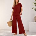 thumbnail image 3 of ClodeEU Women's 2 Piece Casual Set ,Embroidered Short Sleeve Top and Wide Leg Pants ,Solid Color Lounge Outfit Wine,Women's Plus L, 3 of 8
