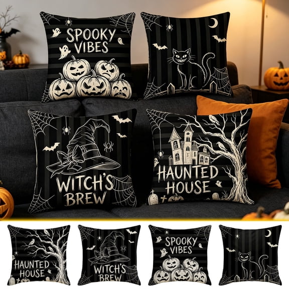 Halloween Horror Printed Throw Pillow Cover, Linen Cushion Case, 18x18 Gothic Spooky Pillowcase, Hidden Zipper, Washable for Sofa Home by MPOISVA
