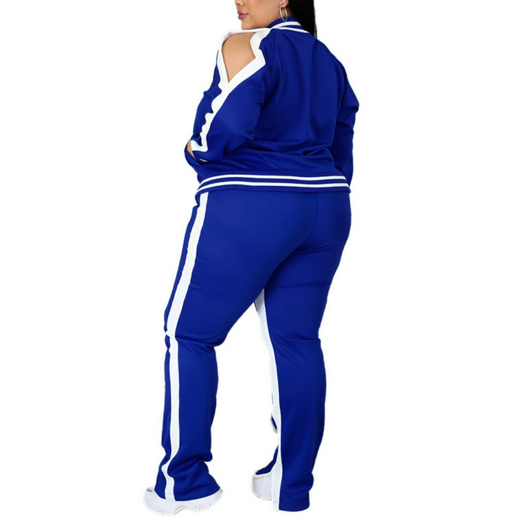 Bomotoo Women Plus Size Jacket+Sweatpants Color Block Front Zip Jogger Set  Jogging Oversized Slim Leg Two Piece Outfit Black L