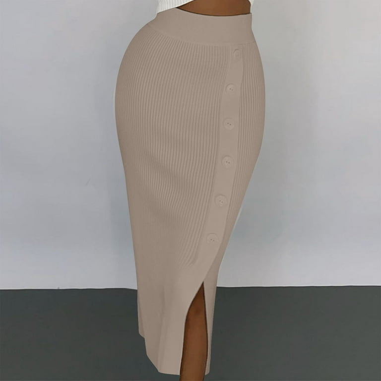 JNGSA Women's Plain Skirt Stretchy Ribbed Knit Split Full Length