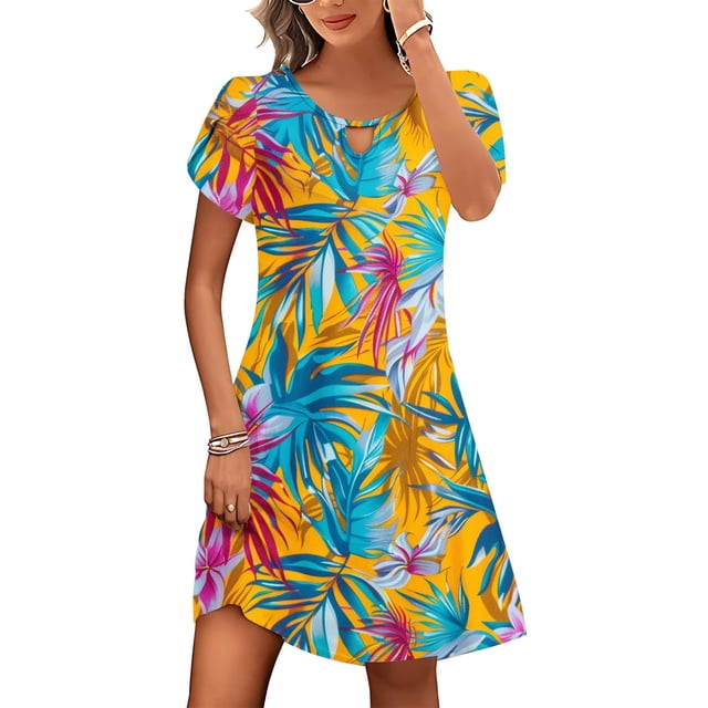 Pisexur Robes d'Été pour Femmes Mode Col Trou de Serrure Robe Midi Décontractée Slim Manches Courtes Robe Tunique Imprimé Floral Boho Élégante Taille Haute Longueur Genou Robe de Plage Vacances