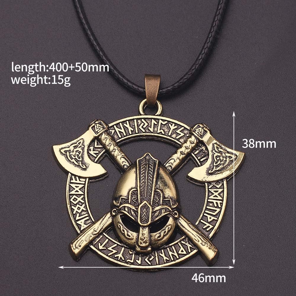 Norse Quality Warrior Helmet Necklace for Men, Viking Runes Double Axe Pendant Necklace with 15.7”+1.9” Chain, Nordic Warriors Tribal Amulet Necklace, Leather Cord, Punk Viking Jewelry Gift[q069]