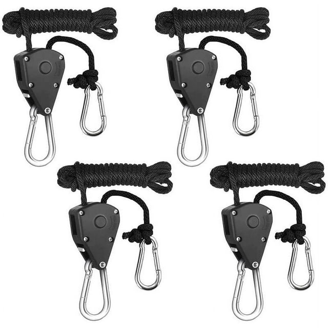 Ratcheting Pulley System, Solid Braided Polypropylene Rope For Adjustable Rope Hanger, Rustproof Galvanized Iron Hooks, Easy To Use Locking Mechanism, Wide Range Applications, 4 Pack Included