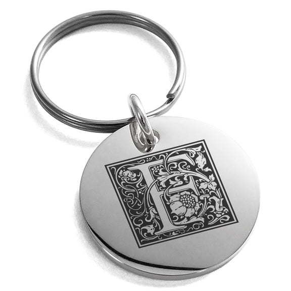 Stainless Steel Letter F Initial Floral Box Monogram Engraved Small Medallion Circle Charm Keychain Keyring