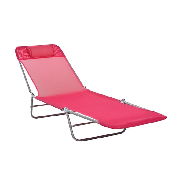 Folding Chaise Lounge Chair, Outdoor Sun Lounger, Reclining Beach Chair, Breathable Mesh, Headrest Pillow, Patio Pool Chair, Pink