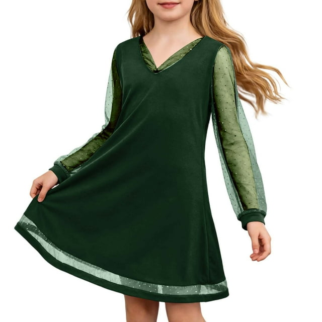 HXWCHs Robe Dos Nu Filles Manches Longues Col en V Robe de Soirée Élégante Tenue Formelle pour Vert Foncé 8-9 Ans