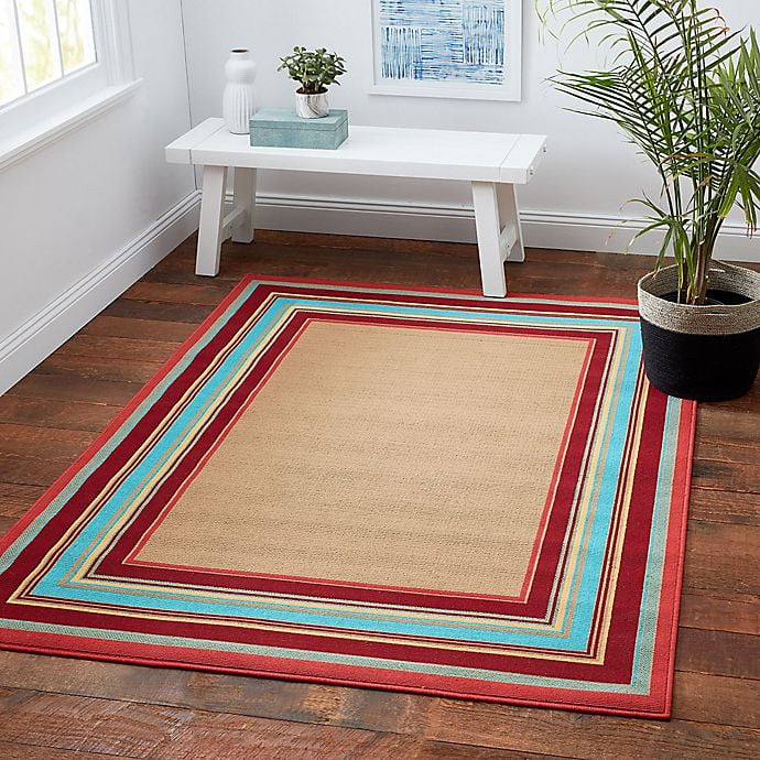 Miami Border Stripe 5Foot 3Inch x 7Foot Indoor/Outdoor Rug in Beige
