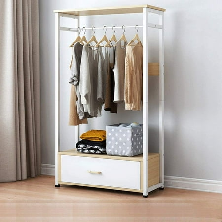 Freestanding Clothes Closet Organizer Metal Garment Rack Open Wardrobe w/ Drawer Hanging Rod Clothes Garment Rack Storage