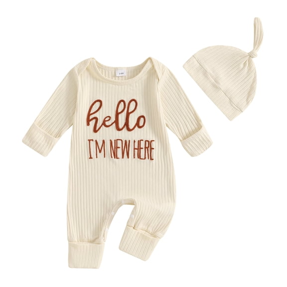 Okbabeha Im New Here Newborn Outfit Boy Long Sleeve Letter Romper Ribbed Knit Jumpsuit Baby Boy Preemie Coming Home Outfit
