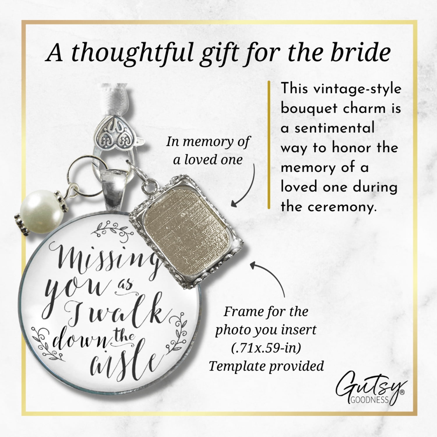 Wedding Bouquet Memorial Charm for Bride Missing You As I Walk Down the Aisle Silver White Pendant Photo Frame