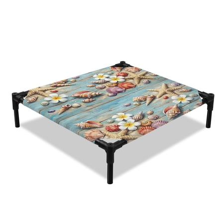 Summer Coastal Elevated Dog Bed Beach Starfish Conch Flower Blue Wood Board Cooling Breathable Outdoor Raised Dog Cot Bed with Metal Frame Non-Slip Feet for Small Dog 20x20in