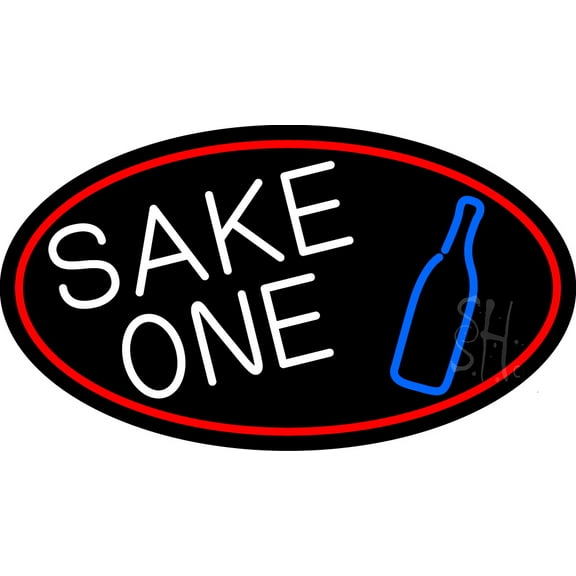Sake One And Bottle Oval With Red Border LED Neon Sign 20 x 37 - inches, Clear Edge Cut Acrylic Backing, with Dimmer - Bright and Premium built indoor LED Neon Sign for Bar decor.