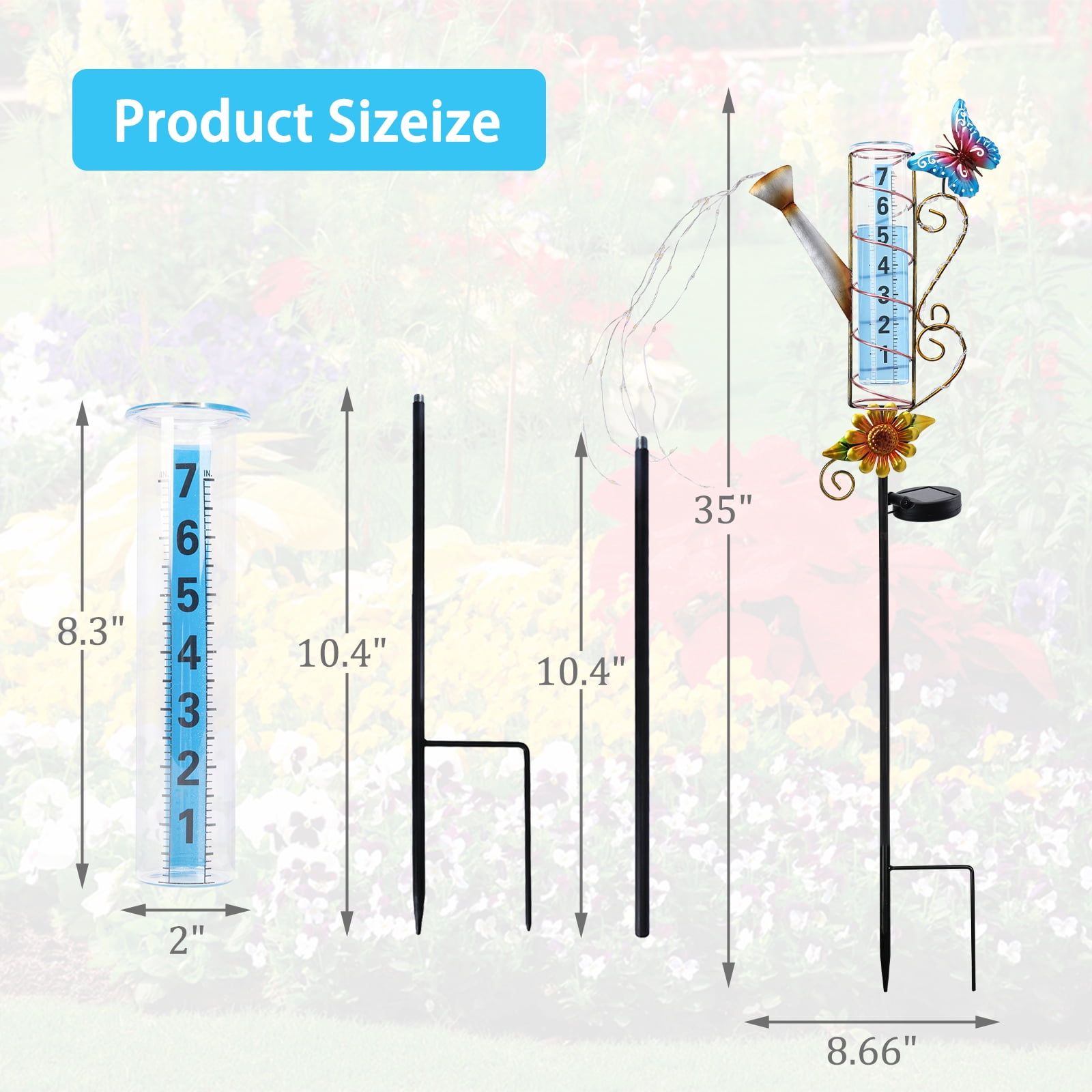 Outdoor Rain Gauge,Watering Can & Sunflower Solar Rain Gauge,LED String Lights, Metal Garden Stake for Patio, Lawn & Outdoor Decor