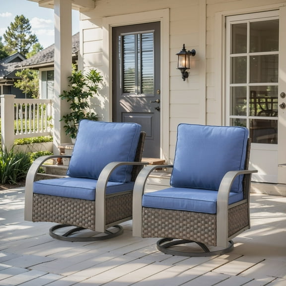 Gymojoy 2-Piece Outdoor Swivel Gliders, Patio Wicker Bistro Furniture Swivel Rocking Chair Set for Porch Balcony Backyard,Blue Cushion