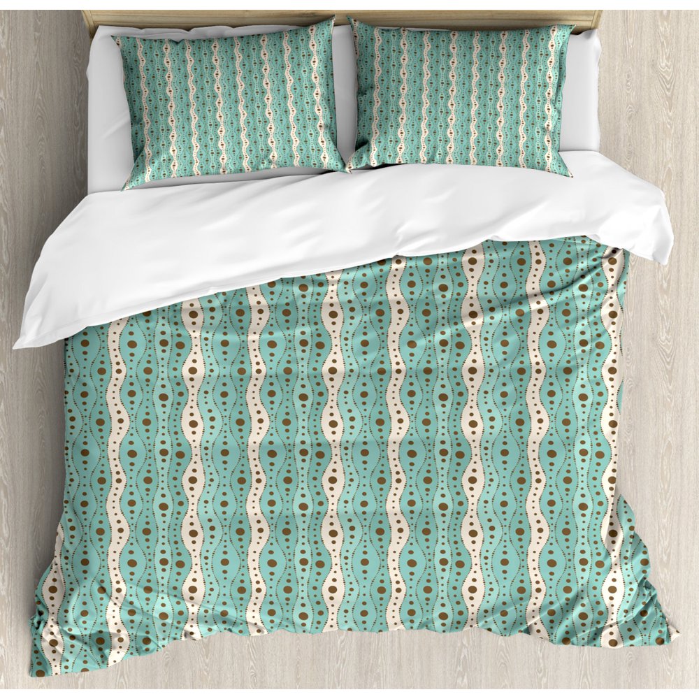 Turquoise Duvet Cover Set, Traditional Polka Dots Vertical Lines